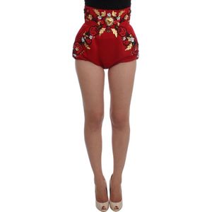 Dolce & Gabbana, Korte broeken, Dames, Veelkleurig, M, Katoen, Rode Kristalversierde High Waist Shorts