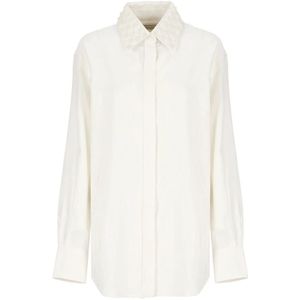 Golden Goose, Blouses & Shirts, Dames, Beige, XS, Ivoor Zijdeblend Shirt met Kralenkraag