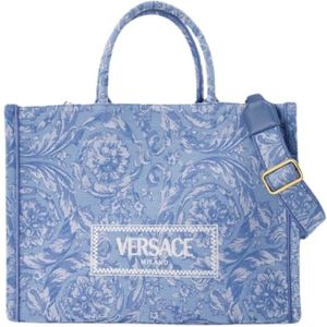 Versace, Tassen, Dames, Blauw, ONE Size, Blauwe Jacquard Shopper Tas Canvas