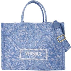 Versace, Blauwe Jacquard Shopper Tas Canvas Blauw, Dames, Maat:ONE Size