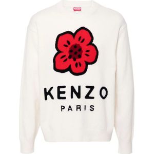 Kenzo, Truien, Heren, Wit, M, Wol, Witte Bloem Motief Wol Trui