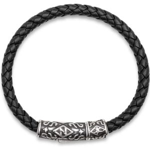 Nialaya, Men's Black Leather Bracelet with Silver Tube Lock Zwart, Heren, Maat:M