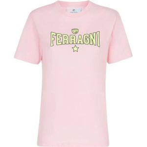 Chiara Ferragni Collection, Tops, Dames, Roze, S, Katoen, Roze katoenen T-shirt met Ferragni Stretch Print