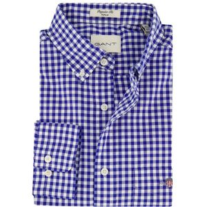 Gant, Overhemden, Heren, Blauw, XL, Katoen, Blauw Geruite Poplin Overhemd met Borstzak