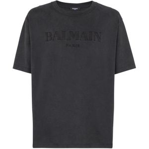 Balmain, Tops, Heren, Grijs, 2Xs, Katoen, Vintage geborduurd T-shirt
