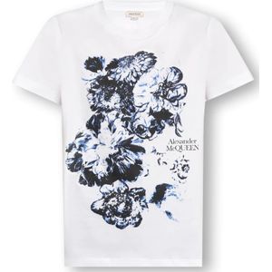 Alexander McQueen, Tops, Dames, Wit, S, Katoen, T-shirt met bloemenmotief
