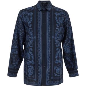 Versace, Overhemden, Heren, Blauw, L, Zijden Barocco Shirt