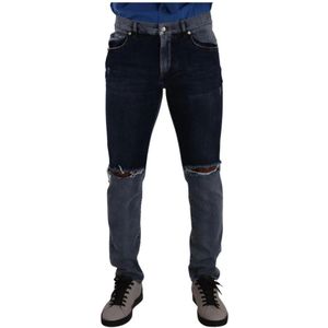 Dolce & Gabbana, Jeans, Heren, Blauw, M, Katoen, Blauwe Twee-Tinten Versleten Katoenen Slim Fit Jeans