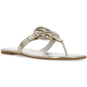 Tory Burch, Schoenen, Dames, Geel, 35 EU, Leer, Gouden Leren Sandalen met Logo