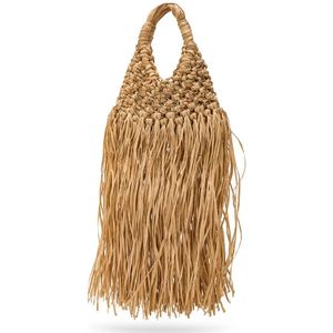 Hibourama, Tassen, Dames, Beige, ONE Size, Leer, Raffia Handtas met Franjes in Beige