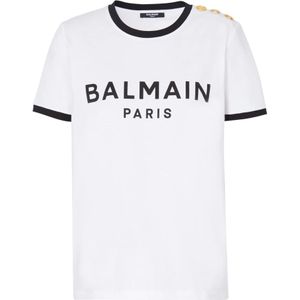 Balmain, Tops, Dames, Wit, L, Katoen, Paris 3-knoop T-shirt