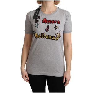 Dolce & Gabbana, Tops, Dames, Grijs, XS, Katoen, Grijze Amore e Bellezza Top T-shirt