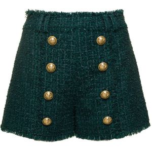 Balmain, Korte broeken, Dames, Groen, S, Tweed, Groene Shorts met Hoge Taille en Tweed