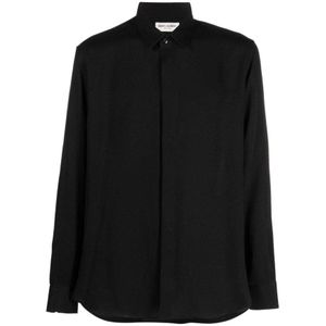 Saint Laurent, Overhemden, Heren, Zwart, L, Zijden crêpe overhemd met klassieke kraag
