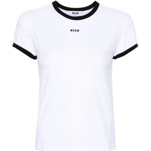 Msgm, Logo Print Crew Neck T-shirts en Polos Wit, Dames, Maat:L