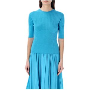 Lanvin, Gebreide trui met korte mouwen en bloemenknopen Blauw, Dames, Maat:S