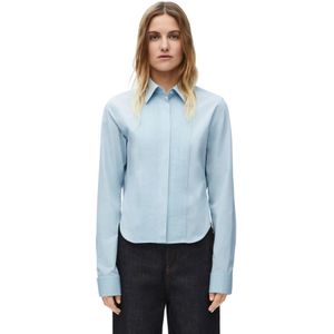 Loewe, Blouses & Shirts, Dames, Blauw, XS, Katoen, Blauw Katoenen Geplooide Overhemd