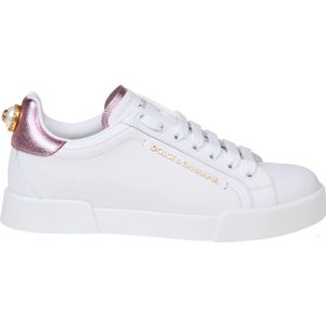 Dolce & Gabbana, Schoenen, Dames, Wit, 37 1/2 EU, Leer, Portofino Line Dames Leren Sneakers