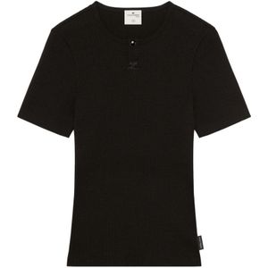 Courrèges, Tops, Heren, Zwart, S, Katoen, Zwart Logo-Geborduurd Geribbeld T-Shirt