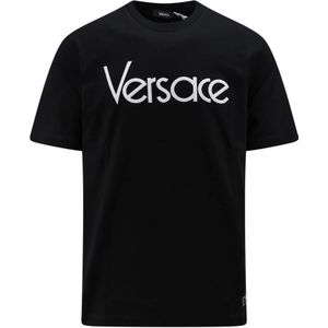 Versace, Tops, Heren, Zwart, S, Katoen, Zwart Geribbeld T-shirt met Borduursel