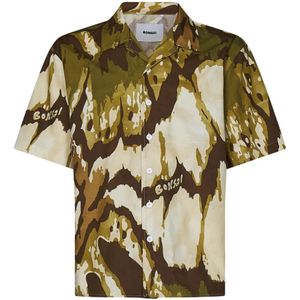 Bonsai, Beige Camouflage Korte Mouw Bowling Shirt Beige, Heren, Maat:M
