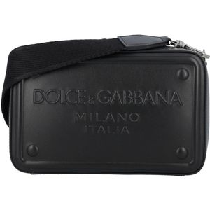 Dolce & Gabbana, Tassen, Heren, Zwart, ONE Size, Leer, Zwarte Geëmbosseerde Logo Crossbody Tas