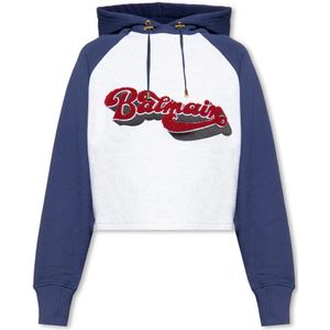 Balmain, Sweatshirts & Hoodies, Dames, Blauw, XS, Katoen, Crop hoodie met logo
