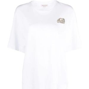 Alexander McQueen, Tops, Dames, Wit, L, Katoen, AMQ Seal Logo Kristal Geborduurd T-shirt