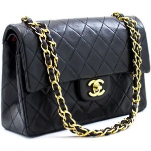 Chanel Vintage, Tweedehands Zwarte Leren Chanel Flap Tas Zwart, Dames, Maat:ONE Size