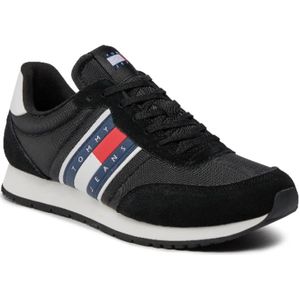 Tommy Jeans, Schoenen, Heren, Zwart, 45 EU, Leer, Zwarte Textiel Sneaker Mandje Patched Logo