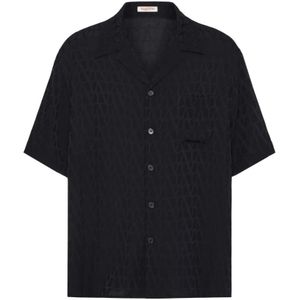 Valentino Garavani, Overhemden, Heren, Zwart, S, Zwarte Zijden Logo Print Bowling Shirt