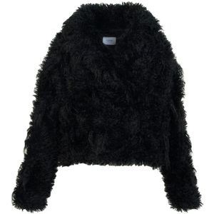 Fortini, Korte zwarte jas met nepbont en drukknopen Zwart, Dames, Maat:M