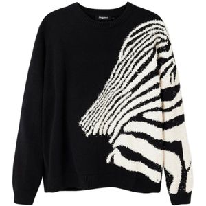 Desigual, Truien, Dames, Zwart, L, Katoen, Oversized Trui met Zebra Design