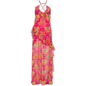 Versace, Kleedjes, Dames, Veelkleurig, S, Chiffon, Lange chiffon jurk met ruches