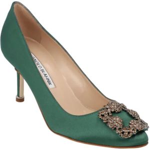 Manolo Blahnik, Schoenen, Dames, Groen, 37 EU, Leer, Fabric heels