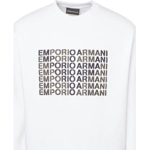 Emporio Armani, Sweatshirts & Hoodies, Heren, Wit, M, Katoen, Witte Stretch Katoenen Heren Sweatshirt met Geborduurd Logo en Adelaar Grafisch Ontwerp