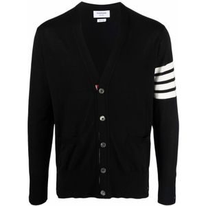 Thom Browne, Truien, Heren, Zwart, 2Xl, Wol, Zwarte 4-Bar Stripe Cardigan Sweater