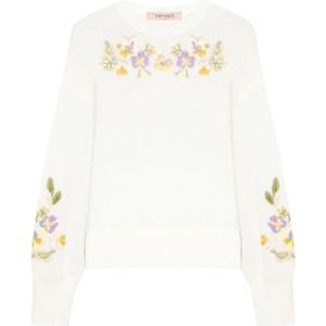 Twinset, Truien, Dames, Wit, S, Wol, Geborduurde Bloemen Trui