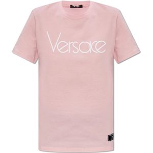 Versace, T-shirt met logo Roze, Dames, Maat:2XS