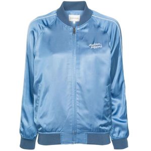 Maison Kitsuné, Blauwe Satijnen Geribbelde Kraag Jas Blauw, Dames, Maat:M