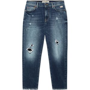 Roy Roger's, Jeans in medium gewassen denim met distressed details en wortelsnit Blauw, Heren, Maat:W33