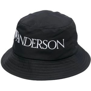 JW Anderson, Geborduurde Bucket Hat met Logo Zwart, Dames, Maat:M