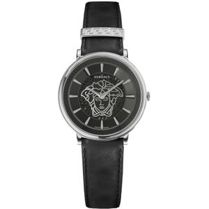 Versace, V Circle Leren Horloge Zwart Grijs, Dames, Maat:ONE Size