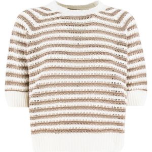 Le Tricot Perugia, Gestreepte Mesh Trui Beige, Dames, Maat:M