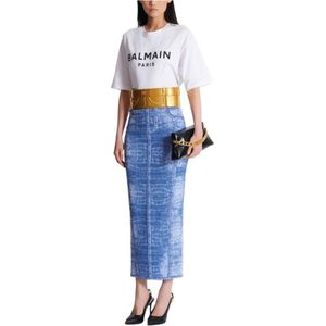 Balmain, Rokken, Dames, Blauw, XS, Denim, Midi rok in jacquard breisel met denim effect