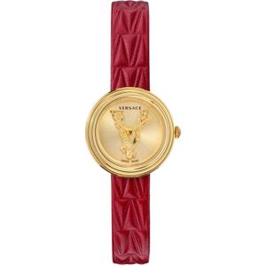 Versace, Accessoires, Dames, Geel, ONE Size, Virtus Mini Rood Lederen Gouden Horloge