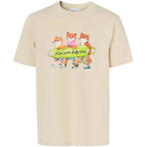 Maison Kitsuné, Tops, Heren, Beige, XL, Surfende Vossen Comfort T-shirt