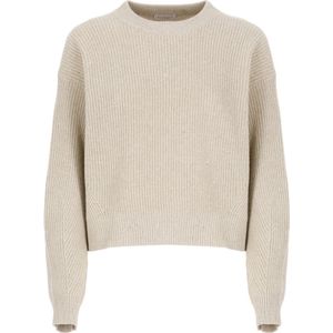 Brunello Cucinelli, Truien, Dames, Beige, M, Wol, Paillet Crew Neck Sweater Beige