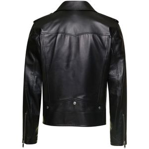 Saint Laurent, Jassen, Heren, Zwart, M, Leer, Zwart Klassiek Motorjack Jas