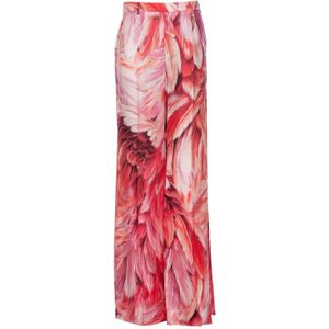 Roberto Cavalli, Broeken, Dames, Veelkleurig, L, Satijn, Peonia Plumage Print Wide Leg Pants